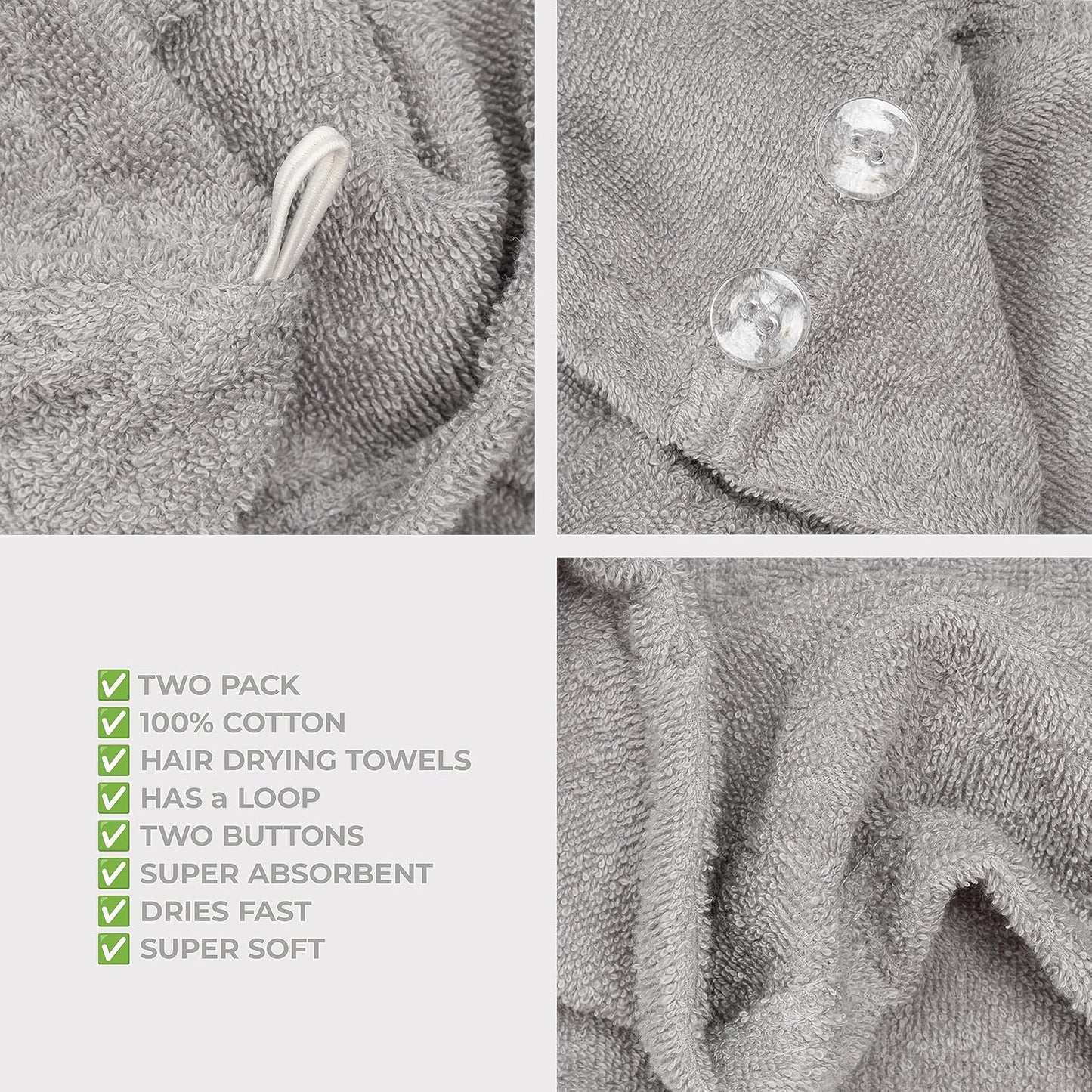 American Soft Linen 100% Cotton Hair Towels for Women, Head Towel Cap, Cotton Hair Turban Towel Wrap for Long Curly Anti Frizz Hair, Soft and Absorbent Cotton Hair Towels 2 Pack, Light Gray