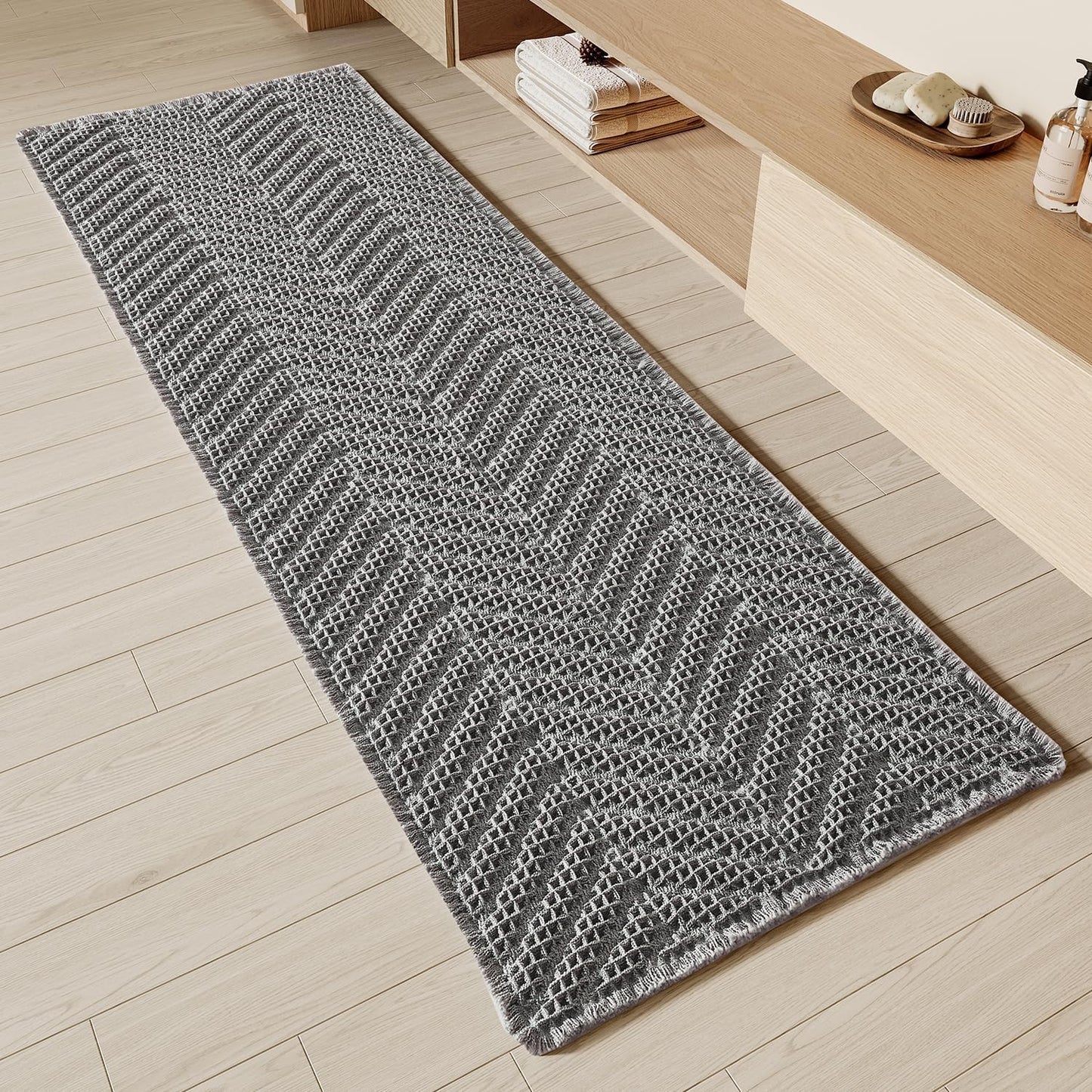 Bathroom Runner Rug Super Absorbent Non Slip Long Bath Mat Machine Washable Boho Bathroom Rugs Quick Dry Rug Runners for Hallway Bedroom Laundry Room,Grey, 2'x 6'(24" x 72")