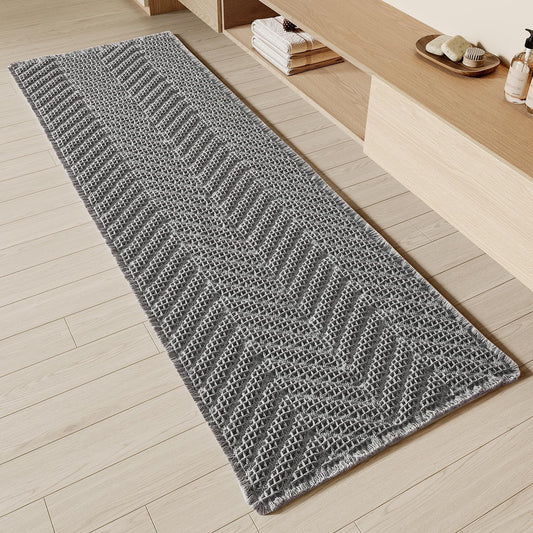 Bathroom Runner Rug Super Absorbent Non Slip Long Bath Mat Machine Washable Boho Bathroom Rugs Quick Dry Rug Runners for Hallway Bedroom Laundry Room,Grey, 2'x 6'(24" x 72")