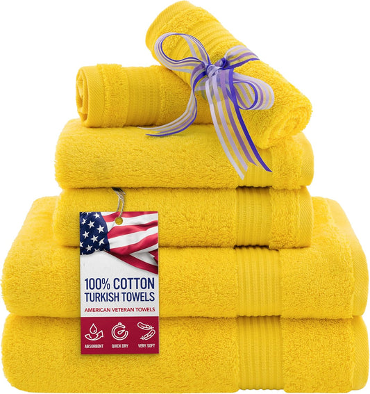 American Veteran Towel, 6 Piece Towel Set for Bathroom, 100% Cotton Turkish Bathroom Towels, 2 Bath Towels 2 Hand Towels 2 Washcloths, Yellow