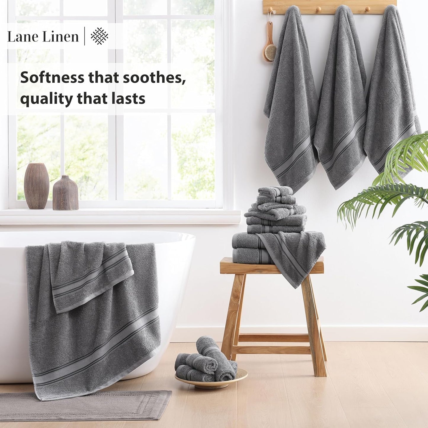 Lane Linen 100% Cotton Luxury Towel Set for Bathroom - 18 Pieces, Zero Twist - Super Plush, Very Soft & Absorbent - 6 Bath Towels, 6 Washcloths, 6 Hand Towels - Suitable for All Skin Types - Cool Grey