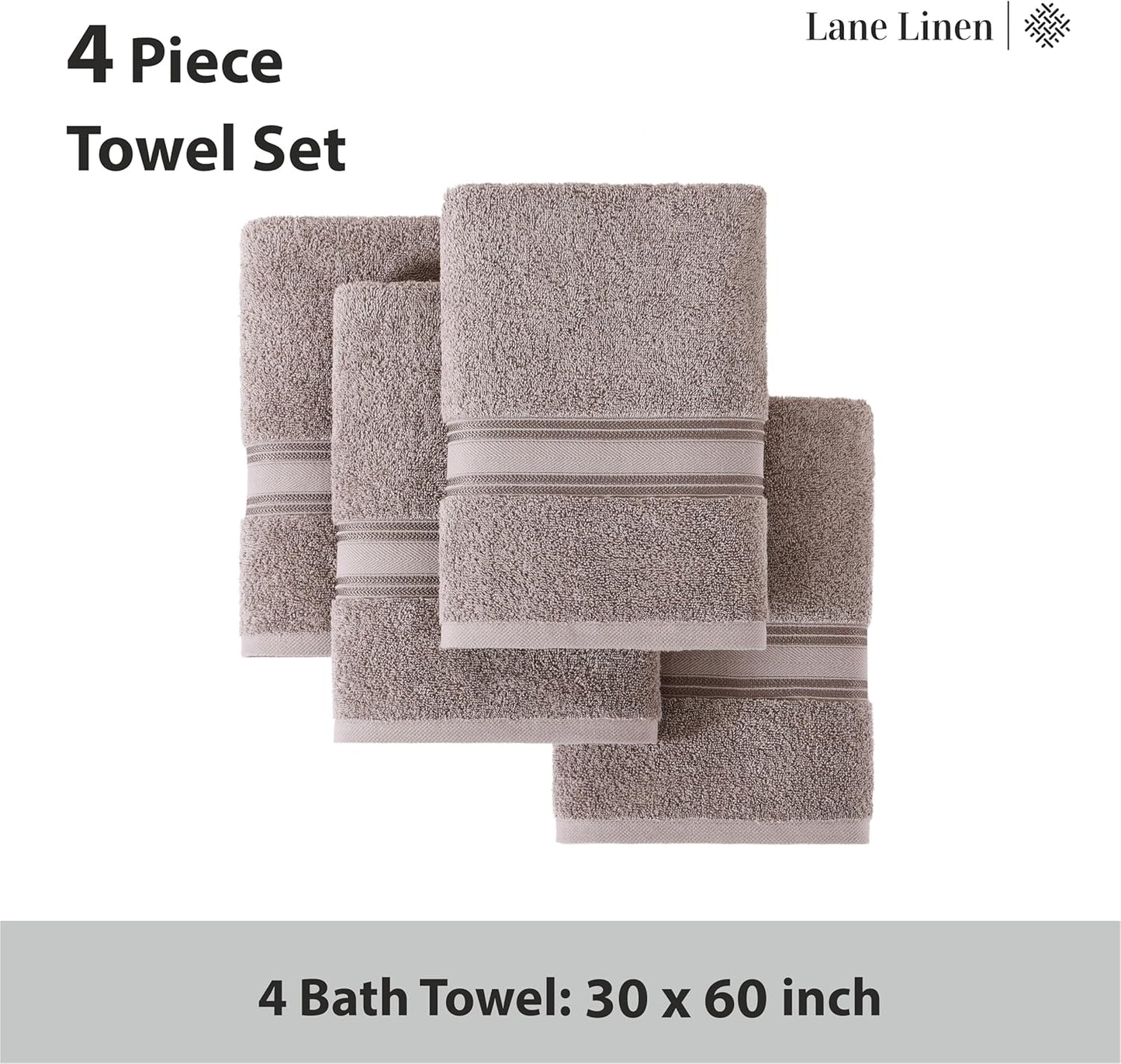 LANE LINEN 100% Cotton Bath Towels Set of 4 (30"x60") - Zero Twist, Mercerized Cotton Bathroom Towel Set - Quick Dry, Soft & Absorbent Large Bath Towels - Mininmal Linting After 3 Washes - Platinum