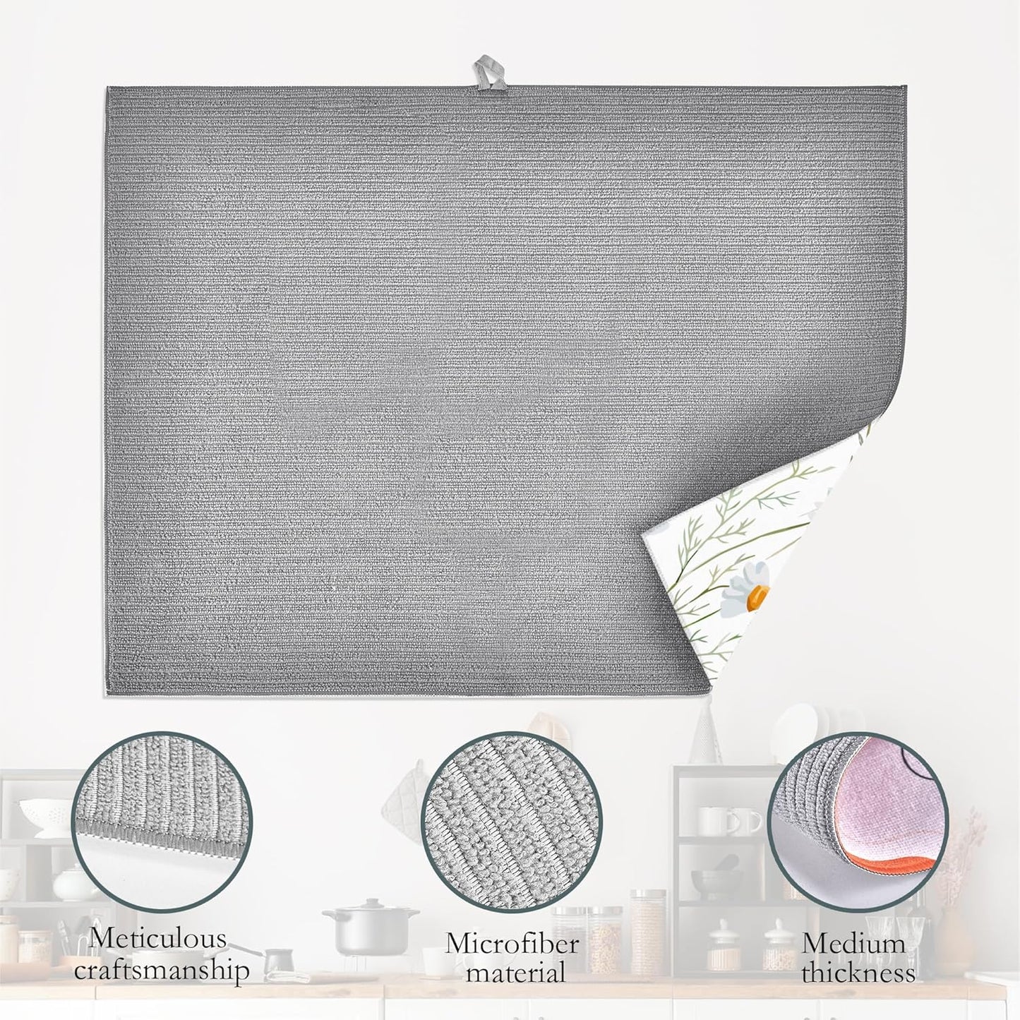 Wildflowers Dish Drying Mat,Watercolor Poppy Cornflower Drying Rack Pad Countertop Dishes Ultra Absorbent Microfiber Kitchen Counter Mat for Coffee Countertop Decor 18x24 Inch