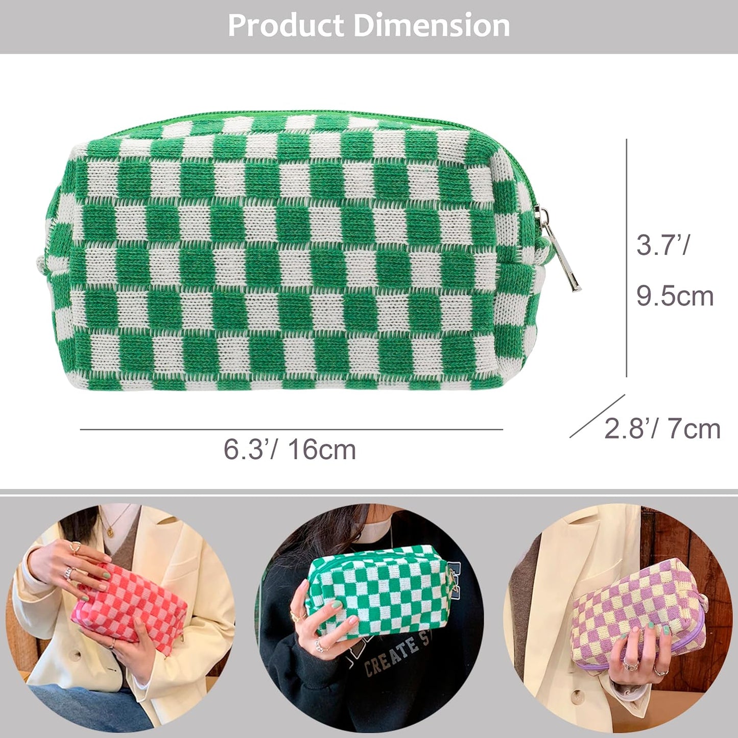 PAZIMIIK Checkered Makeup Bag for Purse Portable Zipper Make Up Pouch Small Cosmetic Case for Travel Accessories (2PCS Green)