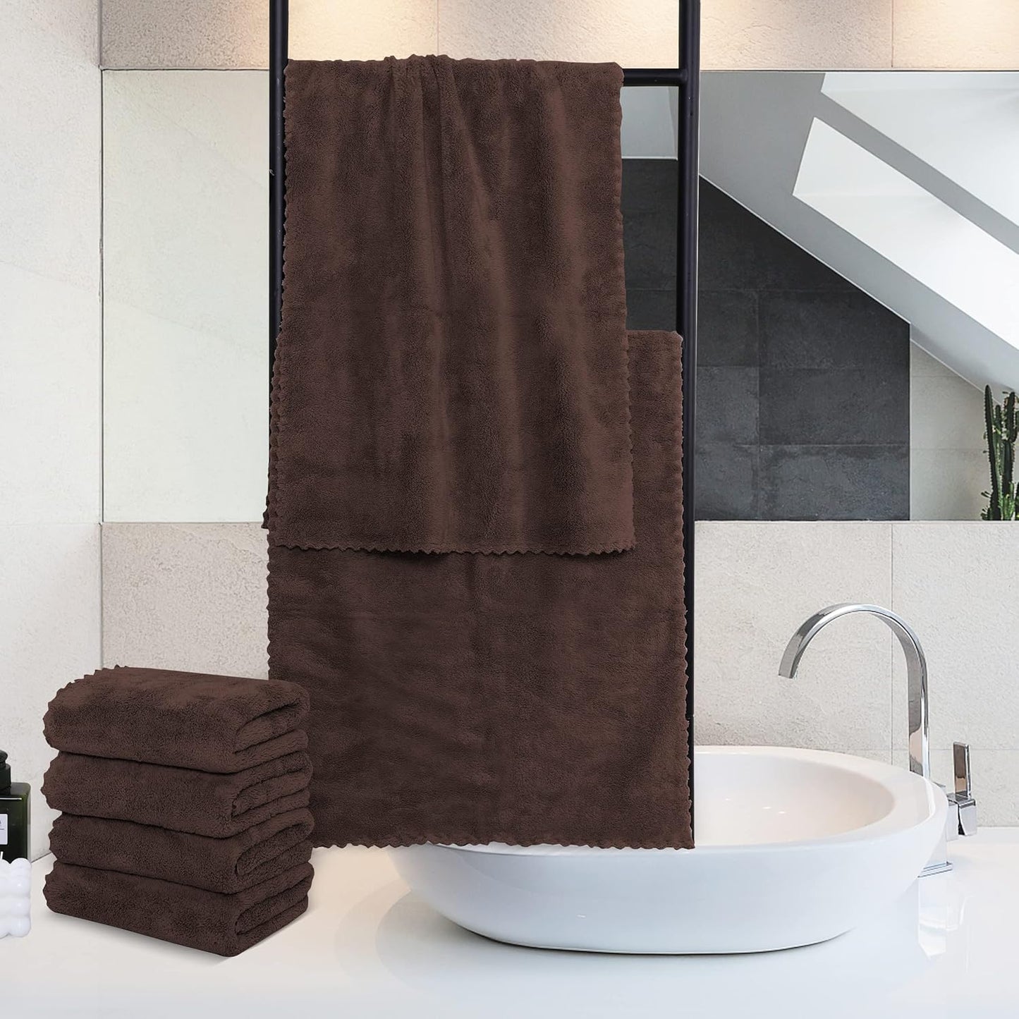 MOONQUEEN 6 Pack Premium Hand Towels - Quick Drying - Microfiber Coral Velvet Highly Absorbent Towels - Multipurpose Use as Hotel, Bathroom, Shower, Spa, Hand Towel 16 x 28 inches (Wood Brown)