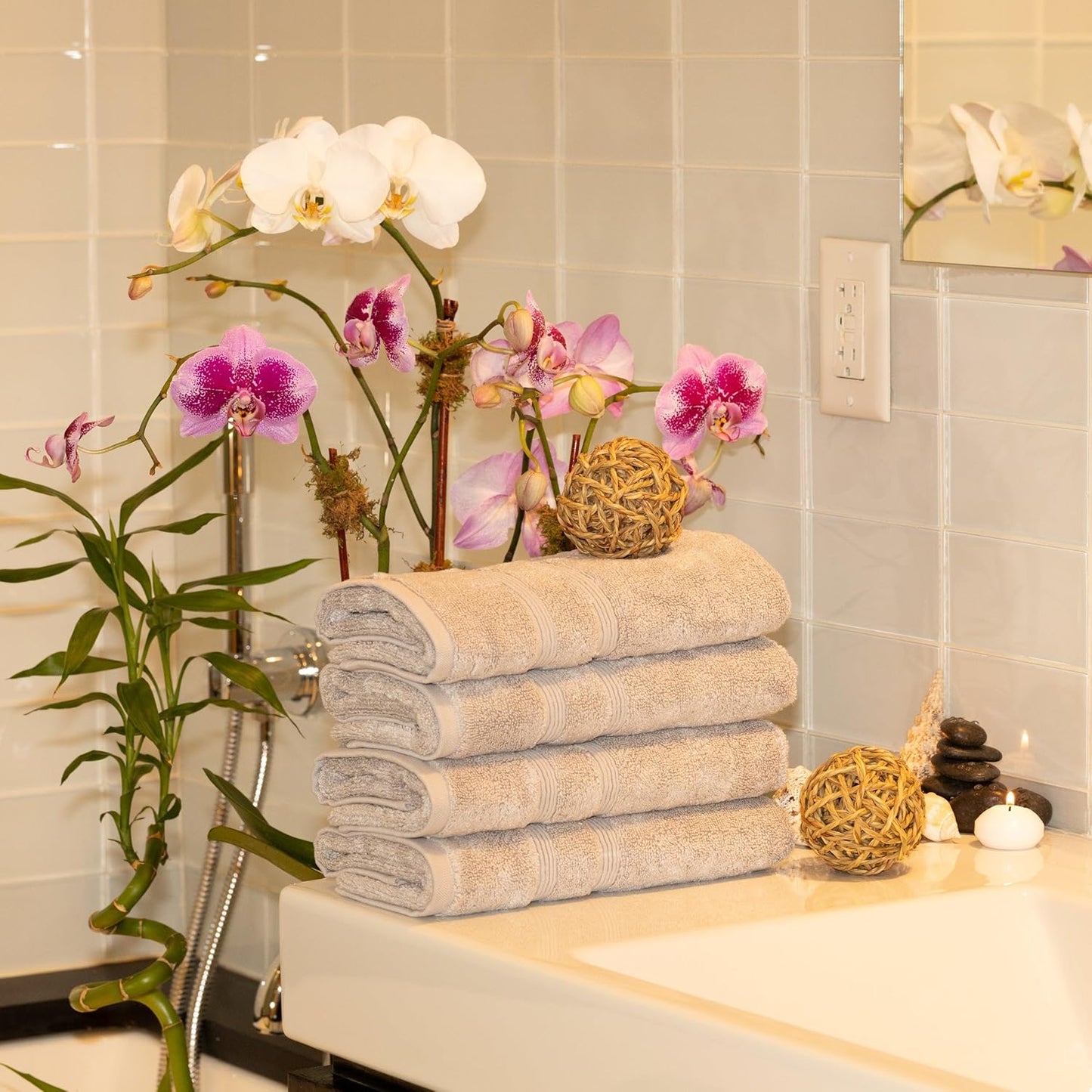 Mosobam Luxury Turkish Set of 4 Hand Towels 16X30 Light Grey (Gray) 700 GSM Bamboo Viscose & Aegean Turkish Combed Cotton