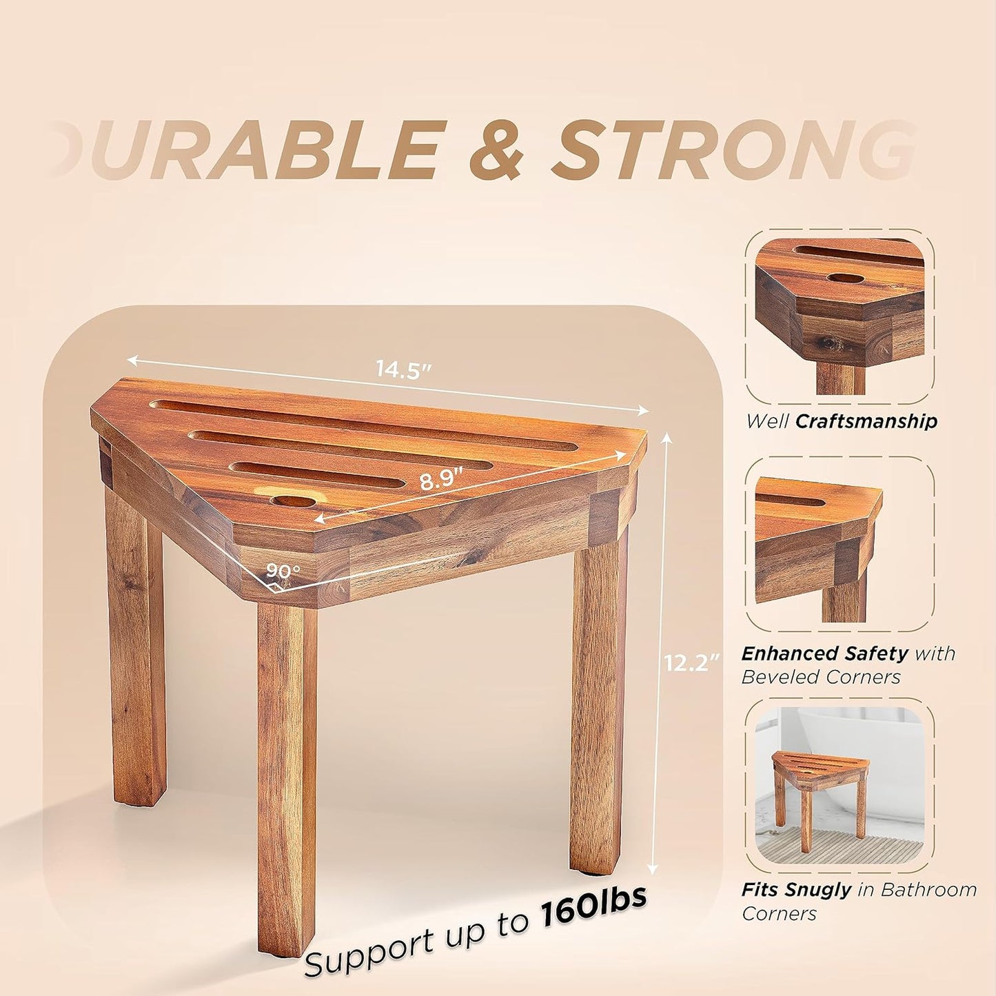 BLUEWEST Shower Foot Stool for Shaving Legs, Acacia Wood Shower Foot Rest (Acacia, Corner Seat)