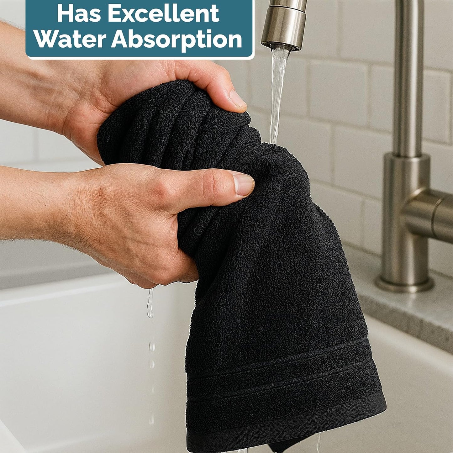 Casa Platino 4 Pack Hand Towels for Bathroom (16"x28") - Spa & Hotel Quality - 100% Cotton, Ring Spun - Quick Dry, Ultra Soft & Absorbent Black Hand Towels Set of 4 - Perfect for Everyday Use - Black