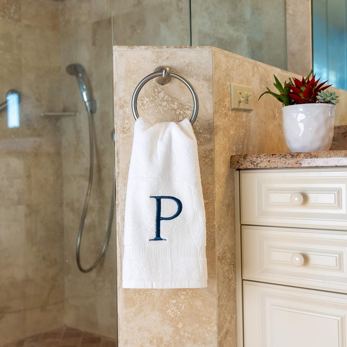 Monogrammed Hand Towels for Bathroom - Luxury Hotel Quality Personalized Initial Decorative Embroidered Bath Towel for Powder Room, Spa - GOTS Organic Certified - Set of 2 Navy Letter P
