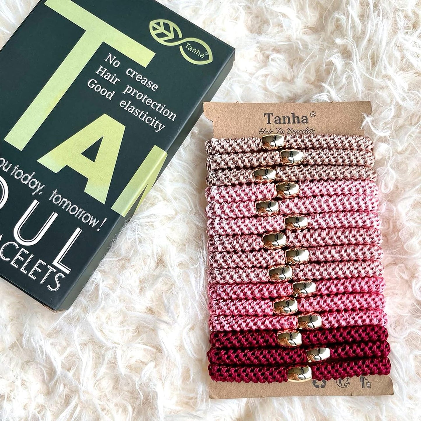 Tanha 15Pcs Hair Tie Bracelet,Hair Ties For Women Men,Ponytail Holders For Thick Hair,Strong Stretchy No Damage No Crease Hair Bands (Pink)