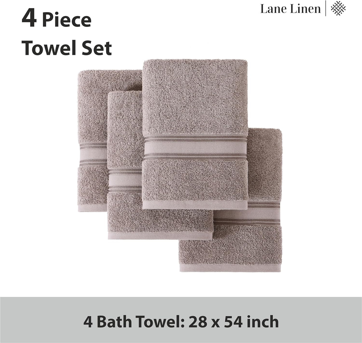 LANE LINEN 100% Cotton Bath Towels Set of 4 (28"x54") - Zero Twist, Mercerized Cotton Bathroom Towel Set - Quick Dry, Very Soft & Absorbent Large Bath Towels - Mininmal Lint After 3 Washes - Platinum