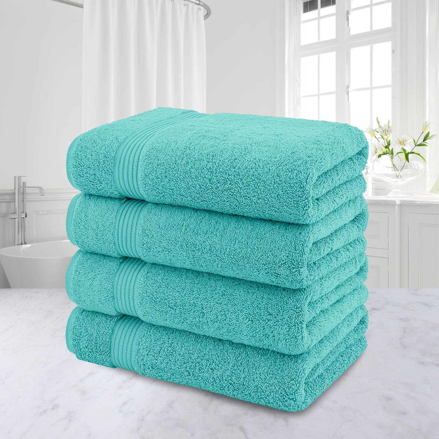 American Veteran Towel, 100% Cotton Turkish Bath Towels for Bathroom 4 Pack, 27x54 Extra Large Premium Soft Drying Bathroom Towels, Turquoise Blue