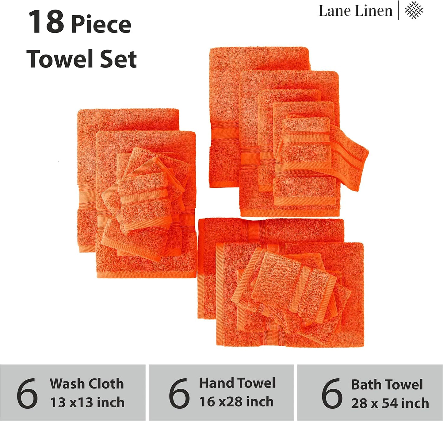Lane Linen 100% Cotton Luxury Bath Towel Set - 18 Pieces - Zero Twist, Super Soft & Highly Absorbent - 6 Bath, 6 Washcloths, 6 Hand Towels for Bathroom - Minimal Lint & Fading, Pre Shrunk - Tiger Lily