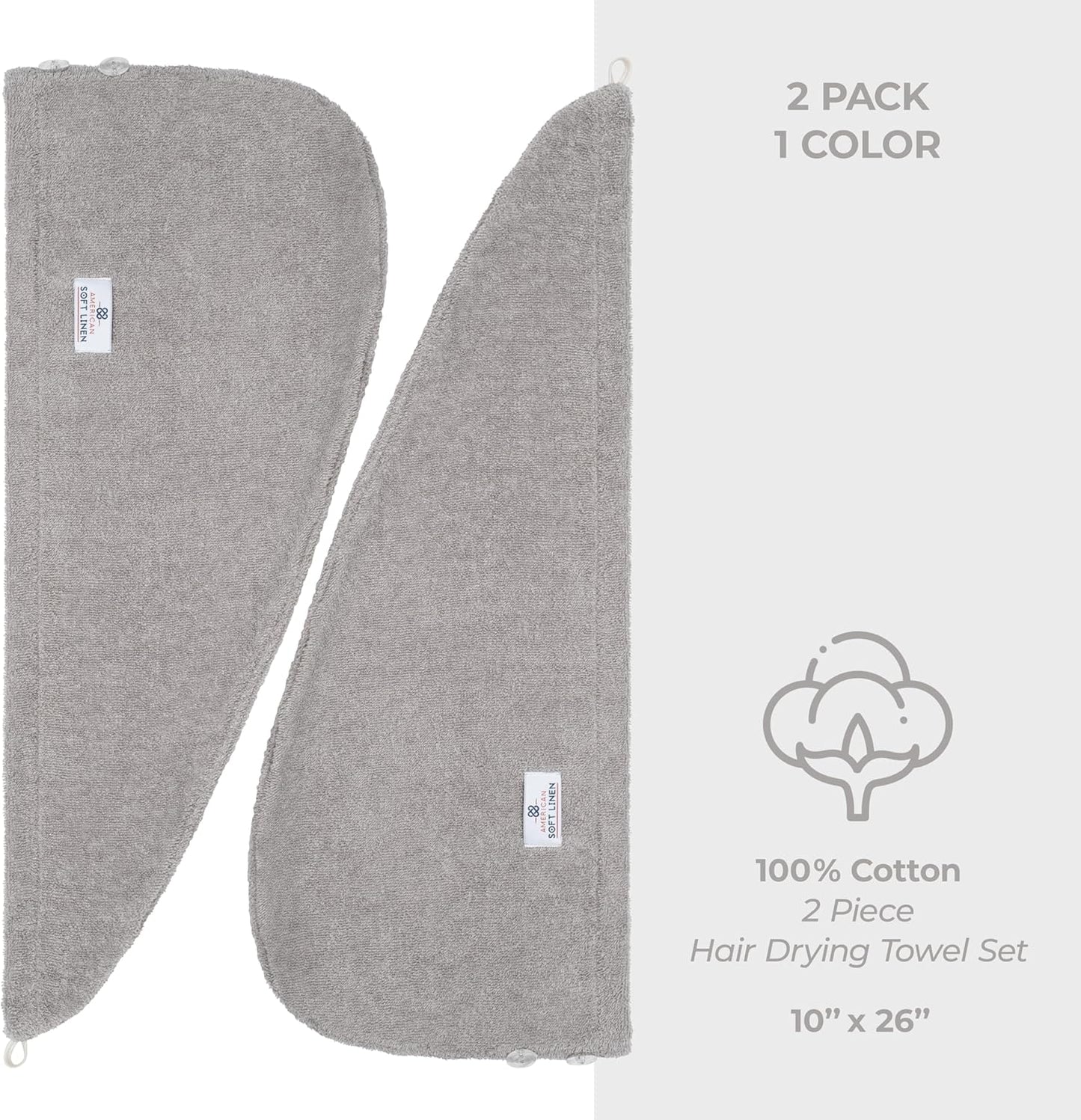 American Soft Linen 100% Cotton Hair Towels for Women, Head Towel Cap, Cotton Hair Turban Towel Wrap for Long Curly Anti Frizz Hair, Soft and Absorbent Cotton Hair Towels 2 Pack, Light Gray