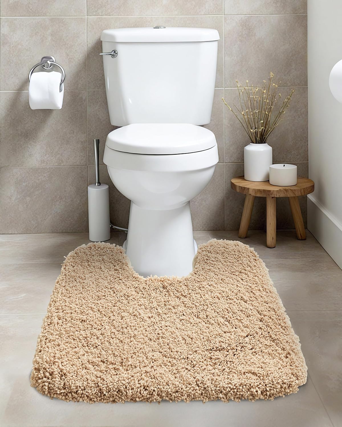 ILANGO Beige Toilet Rugs U Shaped 22" × 24" Non Slip & Super Absorbent Extra Thick Soft, Washable Bath Mats for Bathroom Floor, Microfiber Plush Shaggy Contour Bath Rugs for Toilet,Dry Quick