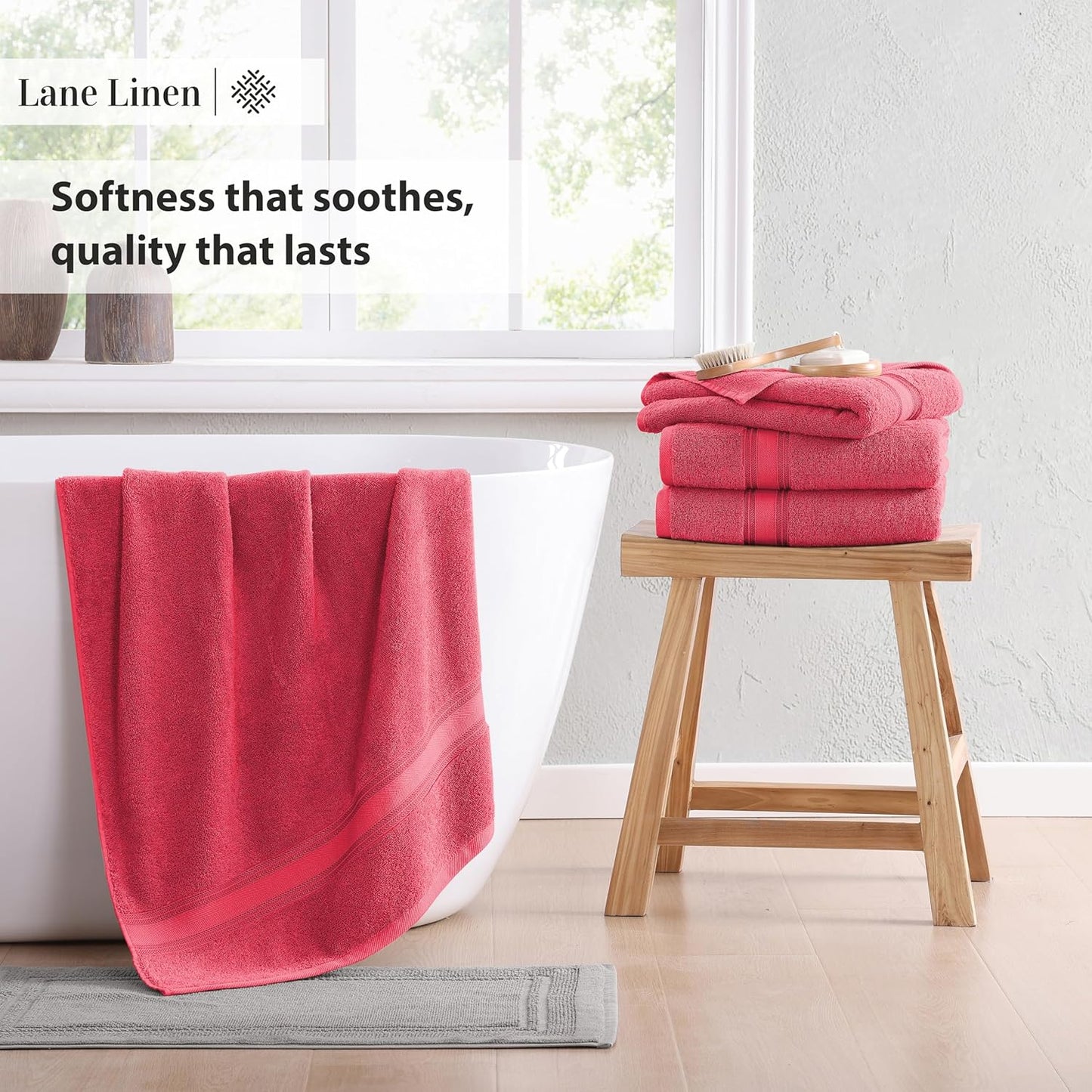 Lane Linen 100% Cotton Large Bath Towels Set of 4 (30"x60") - Zero Twist, Mercerized Cotton Bathroom Towel Sets - Quick Dry, Soft & Absorbent Large Towels Set - Dorm Essentials for Girls - Honeysuckle
