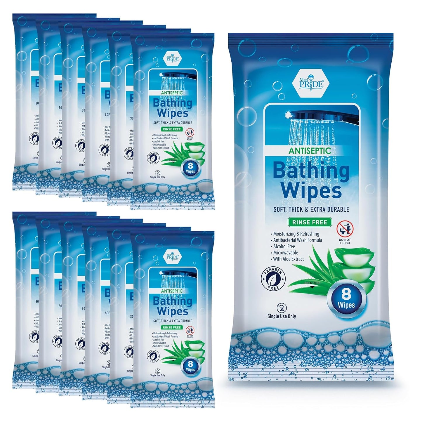 MED PRIDE Hospital Wipes for Bathing, Waterless No-Rinse Bath Wipes for Adults, Microwavable Soft Thick, 12 Packs (96 Count), Aloe Vera