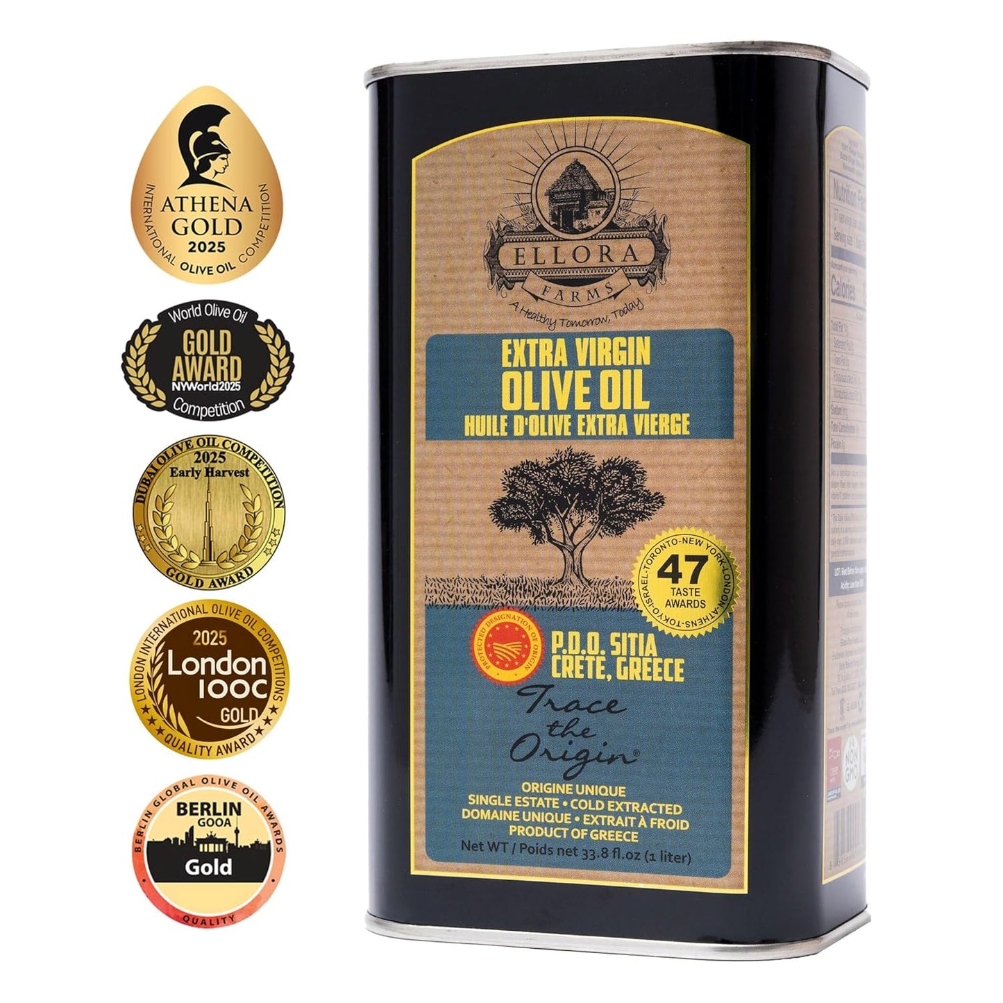 Ellora Farms, Greek Extra Virgin Olive Oil, Certified PDO SITIA, Single Estate, Single Origin, Single Variety, Cold Press & Traceable Olive Oil, Crete, Greece, Kosher, 1 Lt Tin (33.8 oz.)