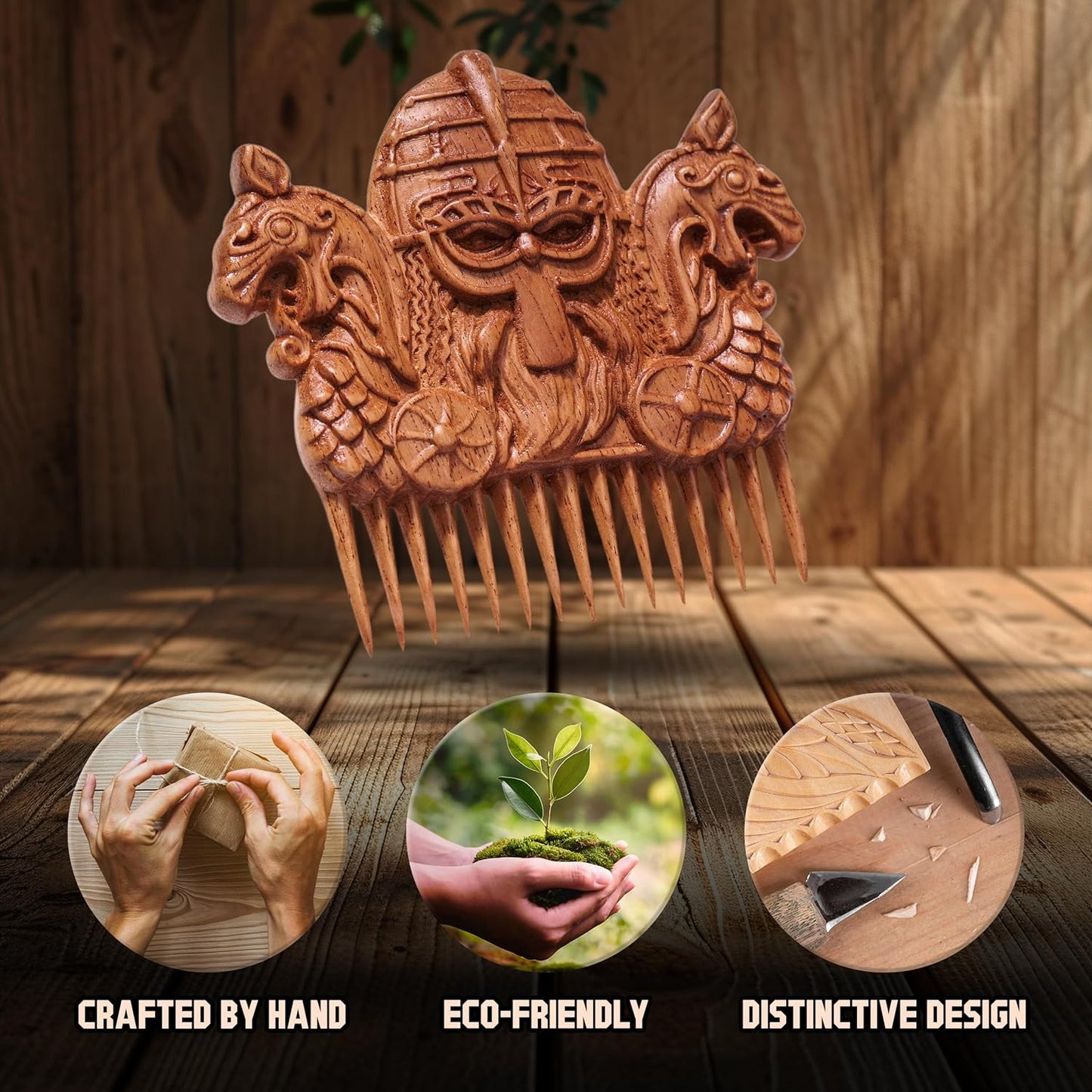 Handicraftviet Hand-Carved Wooden Hair Comb, Wooden Comb for Men's Hair, Beard, and Mustache, Great Gift - Vilking 2 - Natural wood