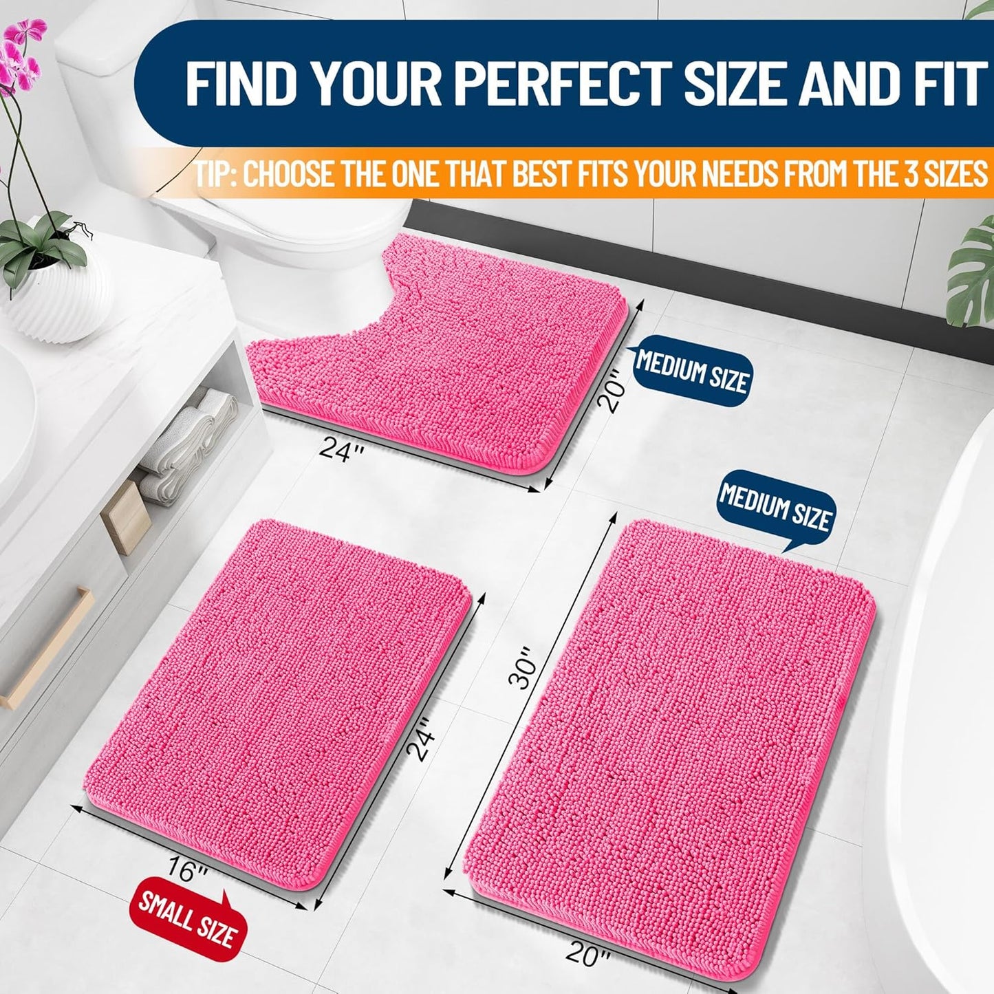 OLANLY Bathroom Rugs 30x20, Extra Soft Absorbent Chenille Bath Rugs, Rubber Backing Quick Dry, Machine Washable Bath Mats for Bathroom Floor, Tub and Shower, Home Decor Accessories, Hot Pink