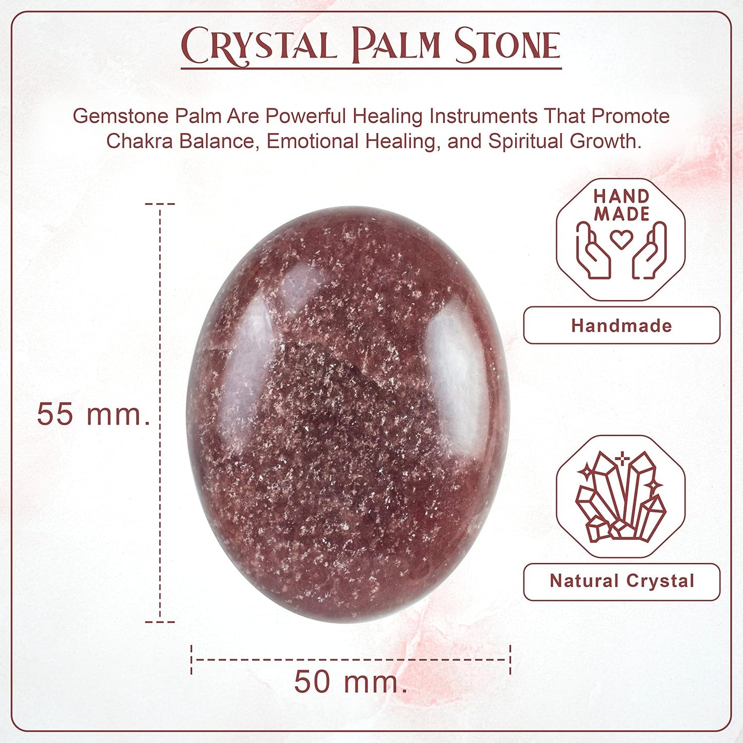 Crocon 50mm Strawberry Quartz Large Palm Stone 900+ Carats Pocket Worry Stones for Natural Chakra Balancing Reiki Healing Stones & Crystal Healing Spa Energy Crystals Gifts for Women