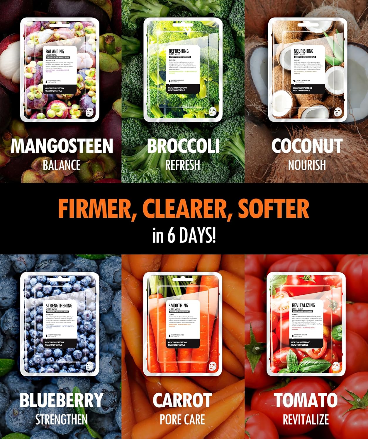 FARMSKIN Superfood Salad Sheet Mask Set of 6 | Korean Face Mask Sheets w/Mangosteen, Broccoli, Carrot, Coconut, Blueberry & Tomato | Refreshing, Nourishing & Cruelty-Free Face Mask Skincare Set