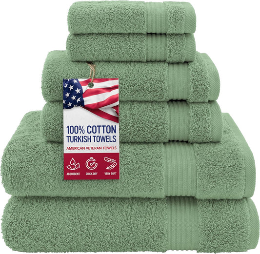 American Veteran Towel, 100% Cotton Turkish 6 Piece Towel Set, Luxury Towels Set of 6 for Bathroom Essentials, 2 Bath Towel 2 Hand Towel 2 Washcloth, Sage Green