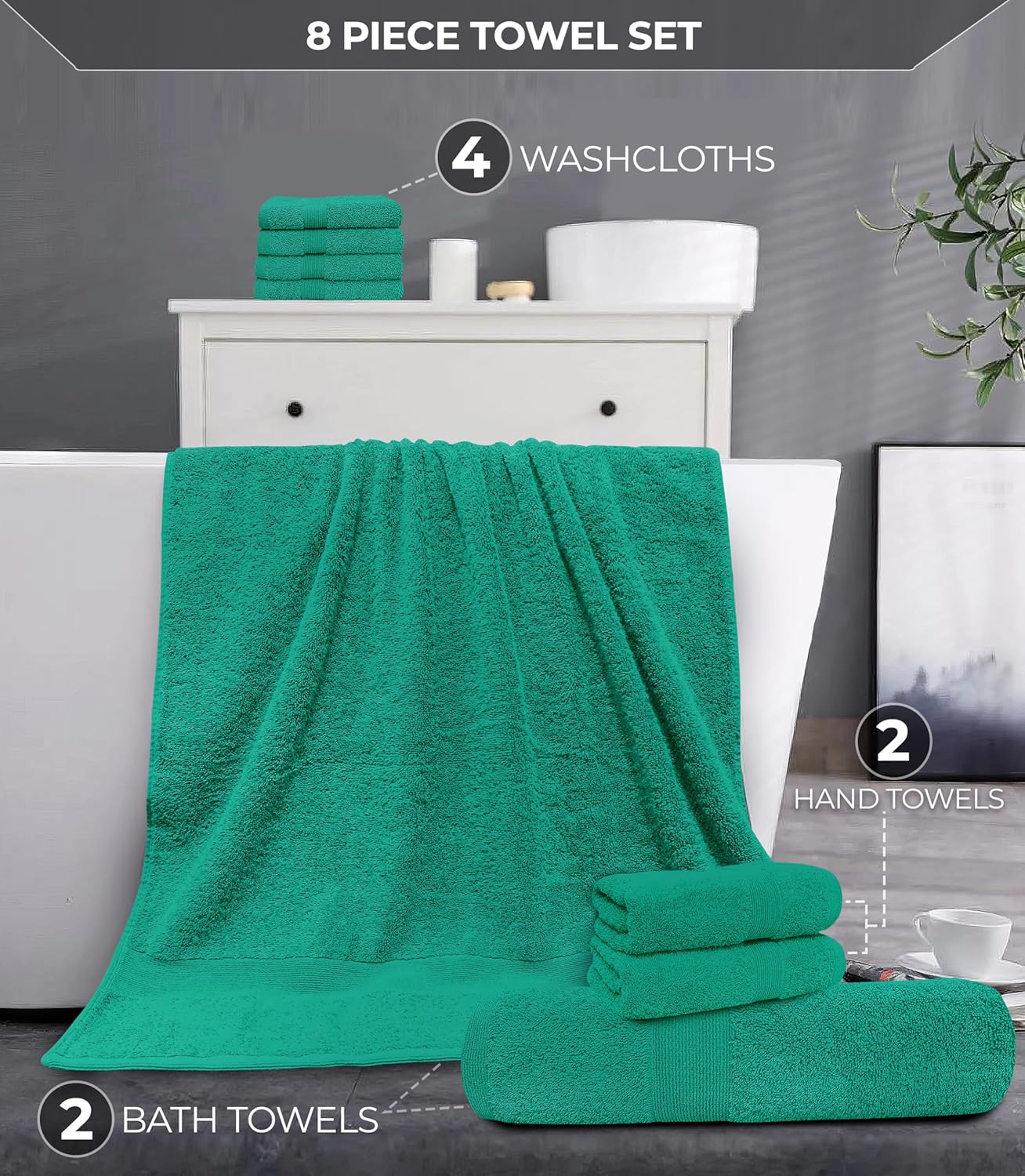 Softolle Luxury 8 Piece Towel Set, 2 Bath Towels 2 Hand Towels 4 Washcloths, Towels for Bathroom, Home, Spa & Gym - Highly Absorbent (Sea Green)
