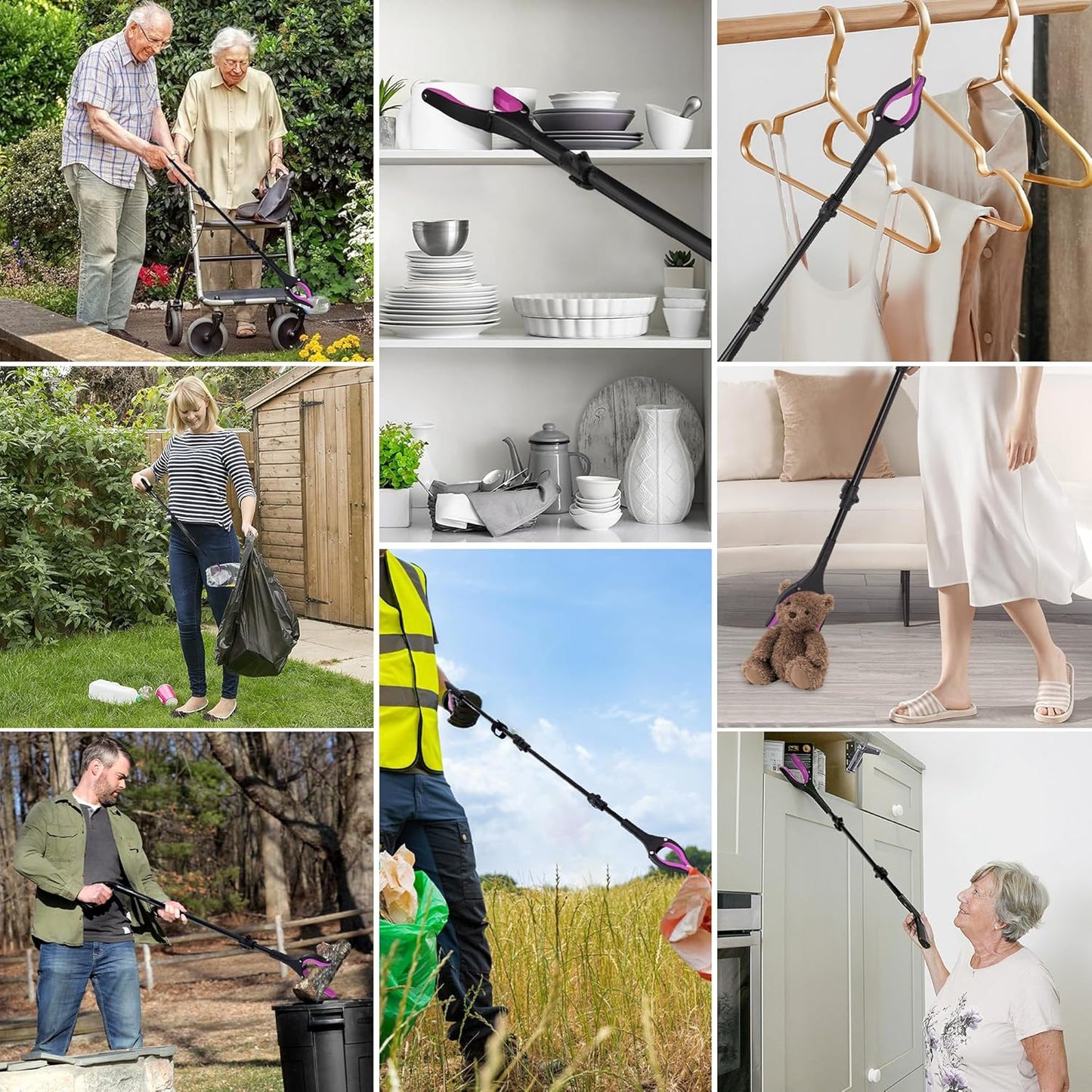 38" & 44" Extra Long Grabber Reacher Tool – 2 Pack Foldable Reacher Grabber Pickup Tools with 360° Rotating Jaw for Seniors, Hard-to-Reach Areas, Ergonomic Grip & Lightweight Design（Pink）