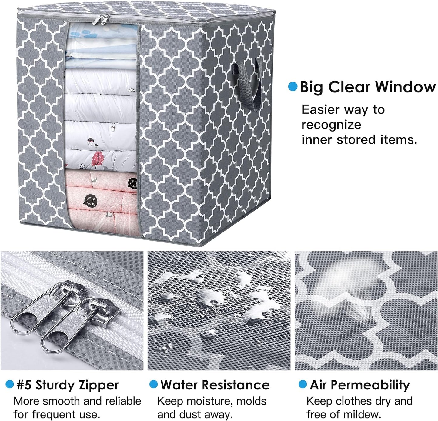 WISELIFE Storage Bags 4 Pack/100L Large Blanket Clothes Organization and Storage Containers for Comforters,Bedding, Foldable Organizer with Reinforced Handle, Clear Window, Sturdy Zippers,Light Gray