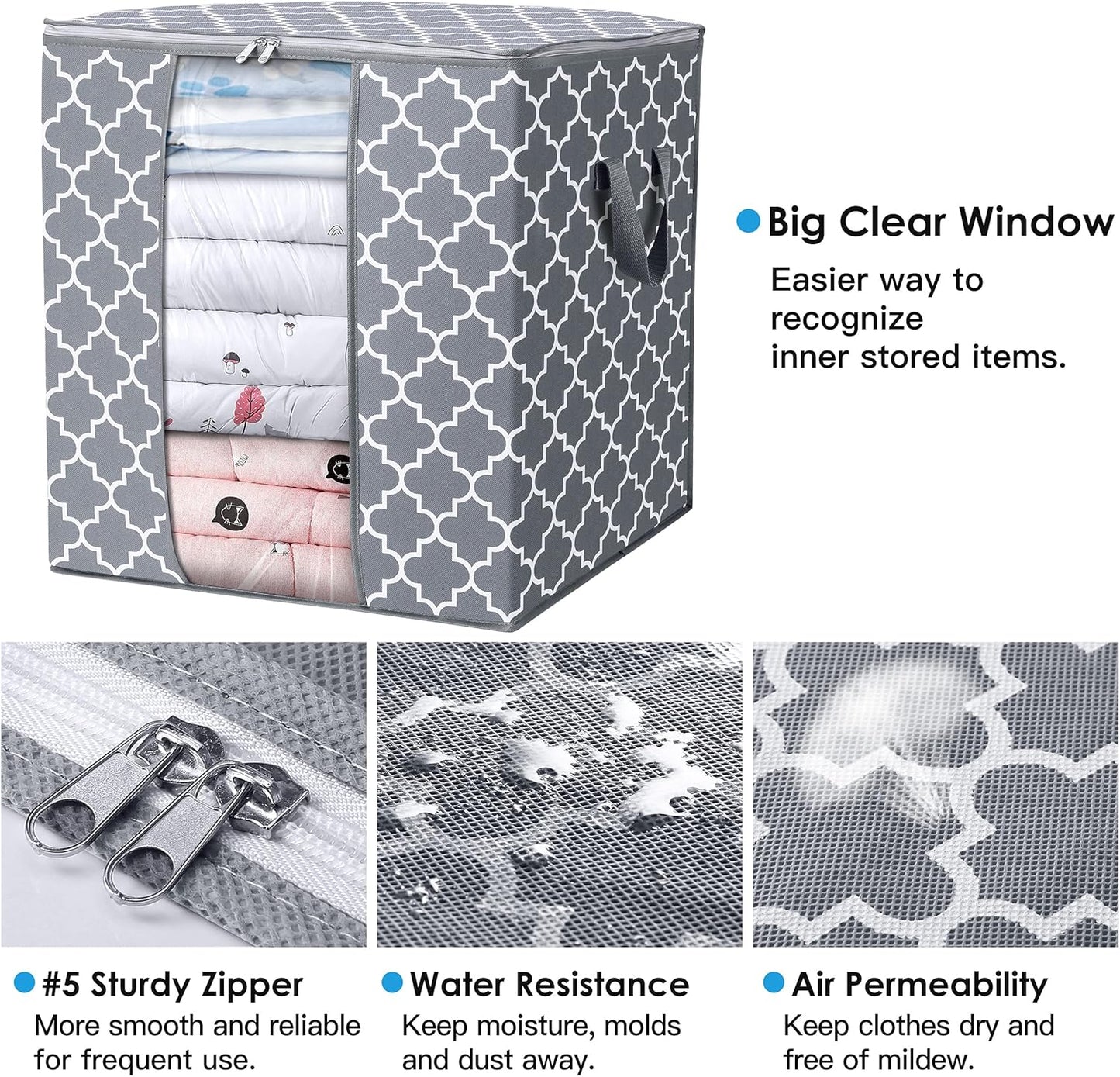 WISELIFE Storage Bags 2 Pack/100L Large Blanket Clothes Organization and Storage Containers for Comforters,Bedding, Foldable Organizer with Reinforced Handle, Clear Window, Sturdy Zippers,Light Gray