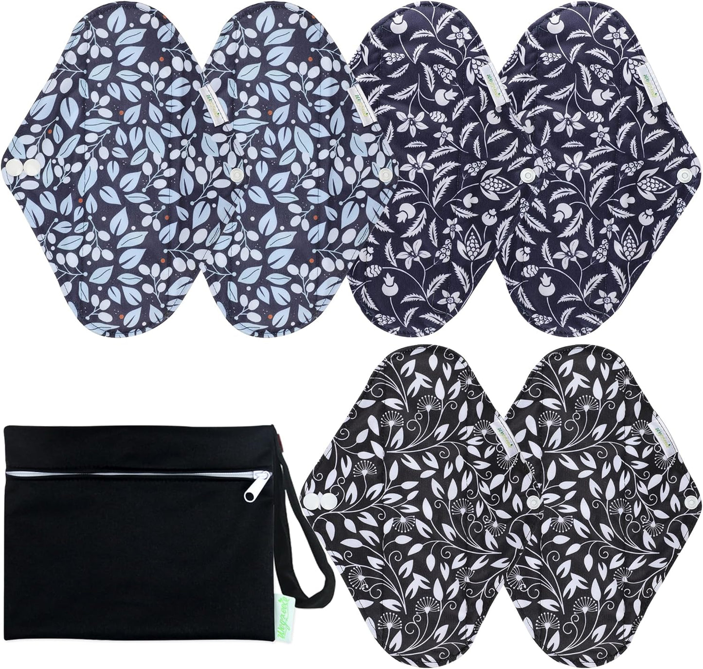 wegreeco Reusable Menstrual Pads - Reusable Sanitary Pads | Reusable Panty Liners | Soft Cloth Menstrual Pads - 6 Pack with 1 Cloth Mini Wet Bag (Medium, Leaves 02)