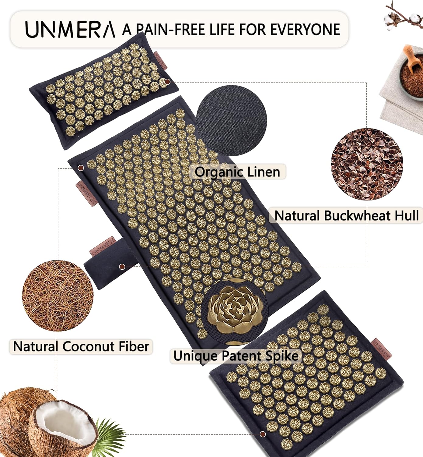 UNMERA Acupressure Mat and Pillow Set,Natural Premium Linen & Coconut Fiber Filling,for Back/Neck Pain Relief, Sciatic, Headache and Muscle Relaxation, Comes with Carrying Bag