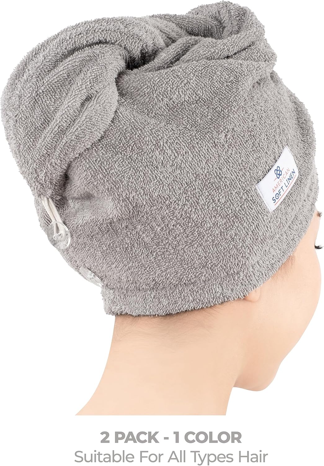 American Soft Linen 100% Cotton Hair Towels for Women, Head Towel Cap, Cotton Hair Turban Towel Wrap for Long Curly Anti Frizz Hair, Soft and Absorbent Cotton Hair Towels 2 Pack, Light Gray