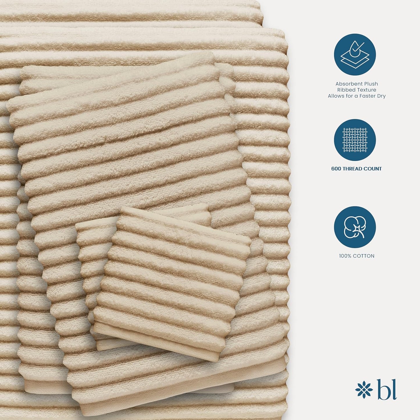 Blue Loom Ribbed Bath Towels Set, 100% Cotton 600GSM, Soft Absorbent Durable 2 Bath Towels, 2 Hand Towels, 2 Wash Cloths for Bathroom - Mason (58" x 30" inch Towels) (Ivory, 6 Piece)