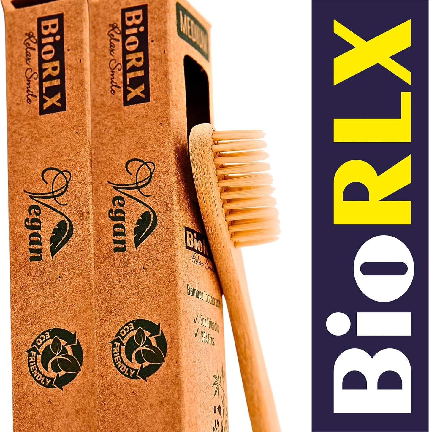 BioRLX Bamboo Toothbrush - Biodegradable Wooden Toothbrushes, Natural BPA Free - Wooden Toothbrush, Eco-Friendly - Compostable and Durable (Three Pieces, Medium)