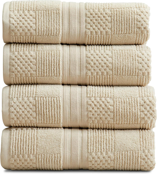 Springtree Home 100% Cotton Bath Towel Set of 4 | Beige Towels | Geometric Textured Design | Absorbent & Quick-Dry | 4 Bath Towels | Oeko-TEX® Standard 100 Cotton | Myla Collection - Sandshell