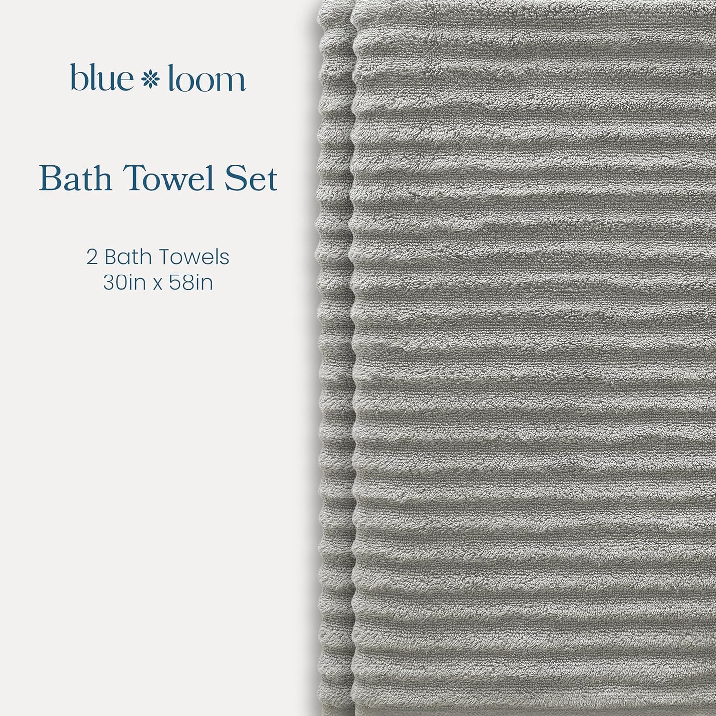 Blue Loom Ribbed Bath Towels Set, 100% Cotton 600 GSM, Soft Absorbent Durable Quick Drying 2 Bath Towels for Bathroom - Mason Set of 2 Stone Grey (58" x 30" Inch)