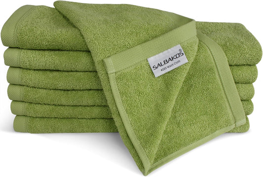SALBAKOS 100% Turkish Cotton Washcloth Set of 12 13x13 inch | Heirloom Quality | Hotel & Spa Collection | Ultra Soft, Super Absorbent, Washcloth Towels | Made in Turkey (Green, 12 Washcloths)