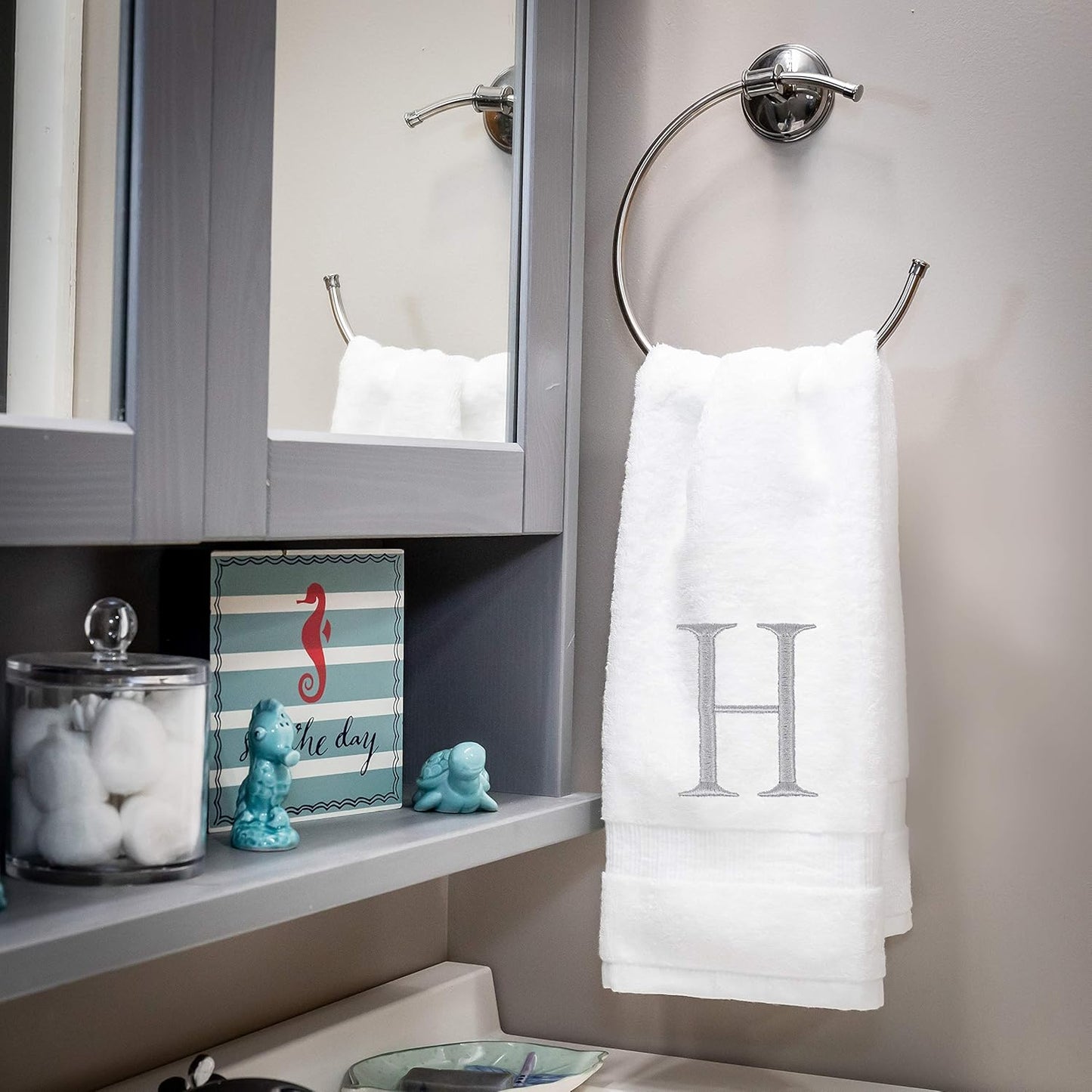 Monogrammed Hand Towels for Bathroom - Luxury Hotel Quality Personalized Initial Decorative Embroidered Bath Towel for Powder Room, Spa - GOTS Organic Certified - Set of 2 Letter H