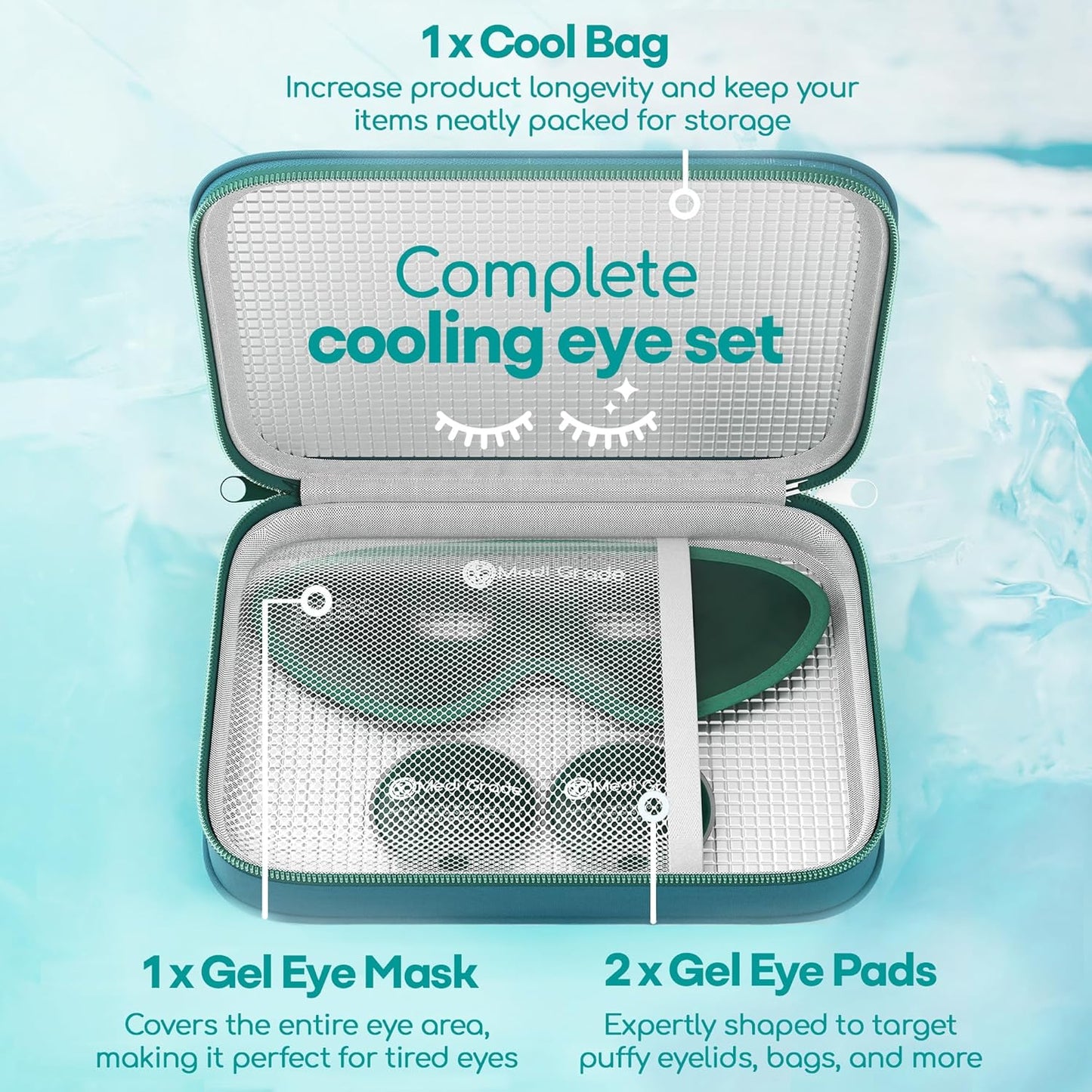 Medi Grade Cooling Eye Mask for Puffy Eyes, Allergies, Sinuses - Reusable Gel Eye Mask and Cooling Pads with Thermo-Bag for Dark Circles, Hangovers and Migraine Relief - Cold Eyemask