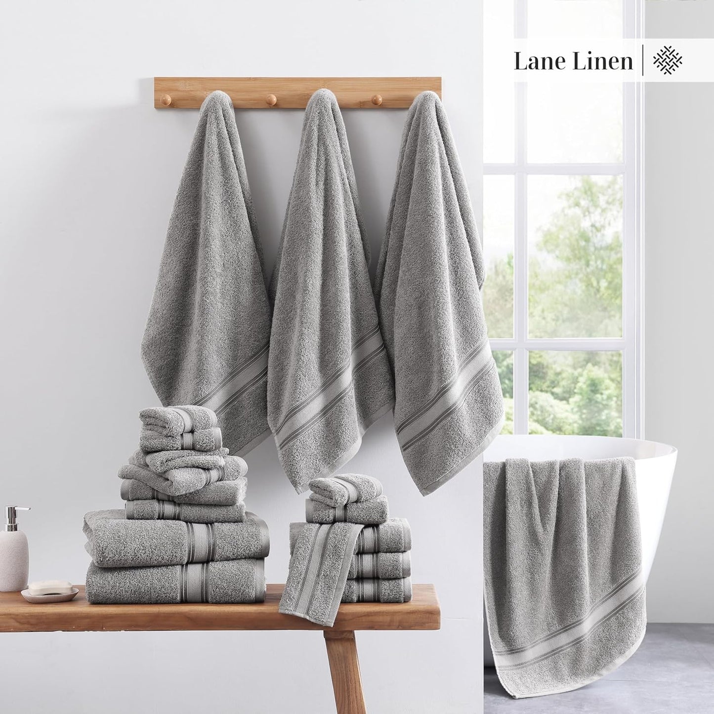 LANE LINEN Luxury Bath Towels Set - 6 Piece 100% Cotton Bathroom Quick Dry Shower Extra Aborbent Towel Super Soft 2 Hand Wash Cloths Space Grey