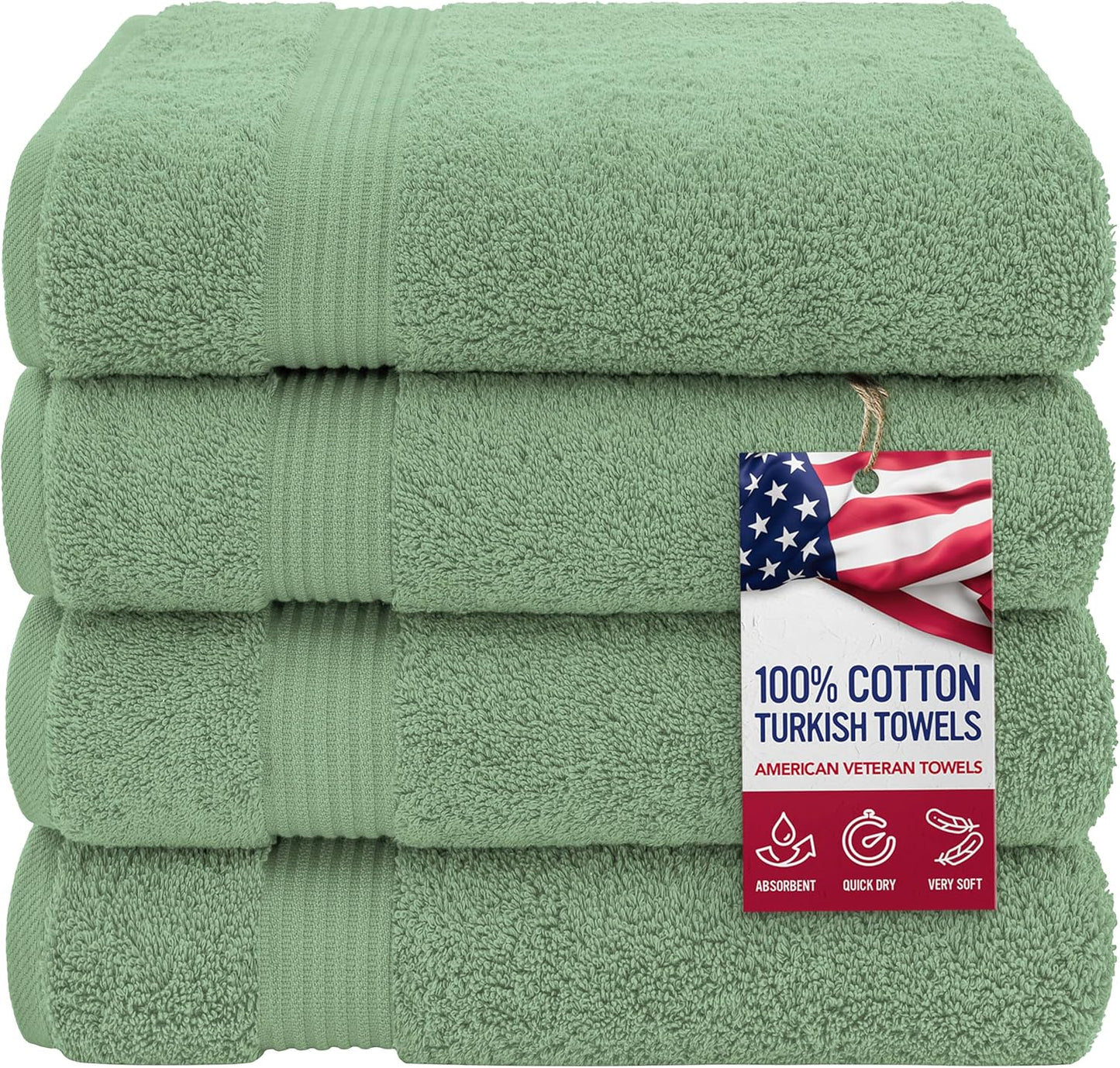 American Veteran Towel, 100% Cotton Turkish Bath Towels for Bathroom 4 Pack, 27x54 Extra Large Premium Soft Drying Bathroom Towels, Sage Green