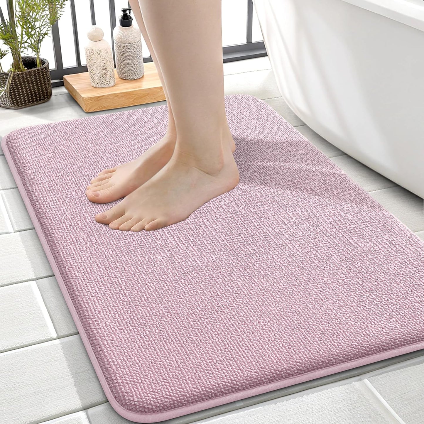 OLANLY Thick Memory Foam Bath Mat Rug 24x16, Extra Soft Absorbent Bathroom Rug, Quick Dry Bath Mats, Non-Slip, Machine Washable Carpet for Bathroom, Tub and Shower, Home Decor Accessories, Dusty Rose