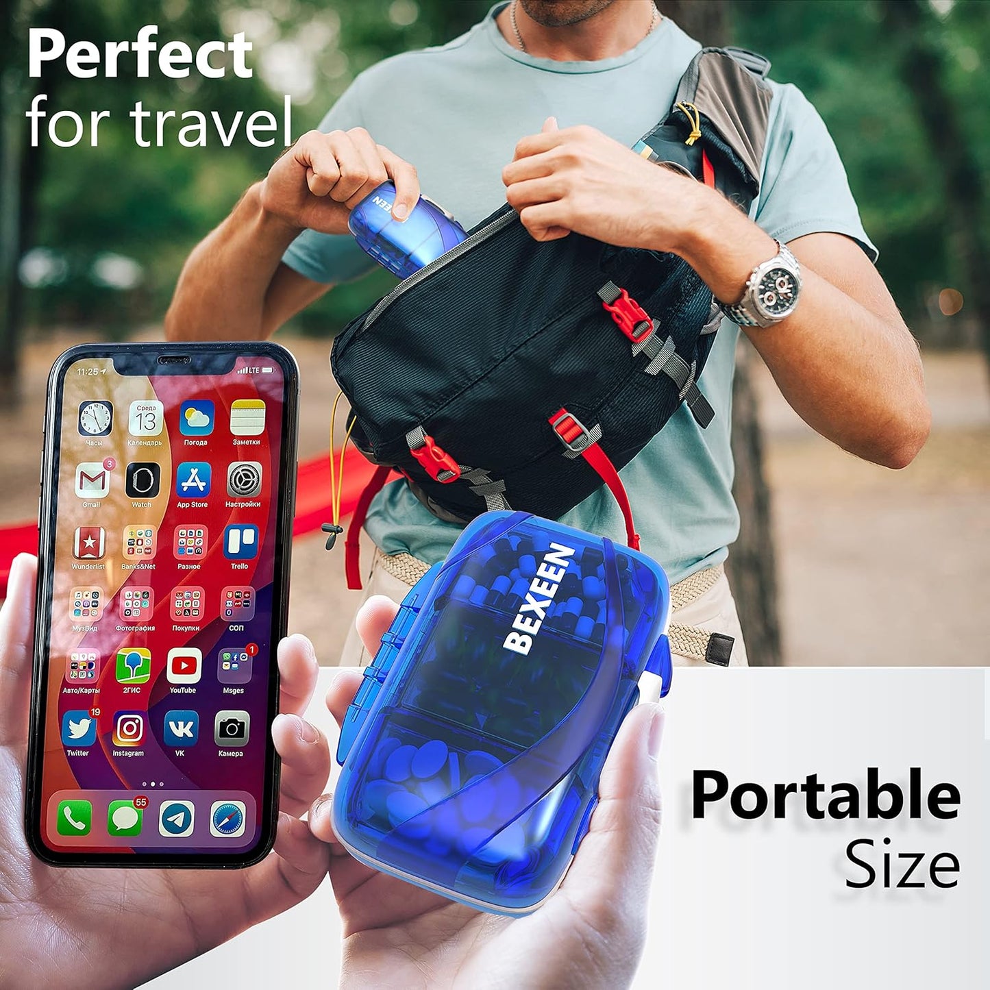 Travel Pill Organizer - Moisture Proof Portable Vitamin Holder with 7 Compartments, Compact Supplement Case for Purse Essential Medicine Kit fot Traveling Pocket Pharmacy with Labels, Blue