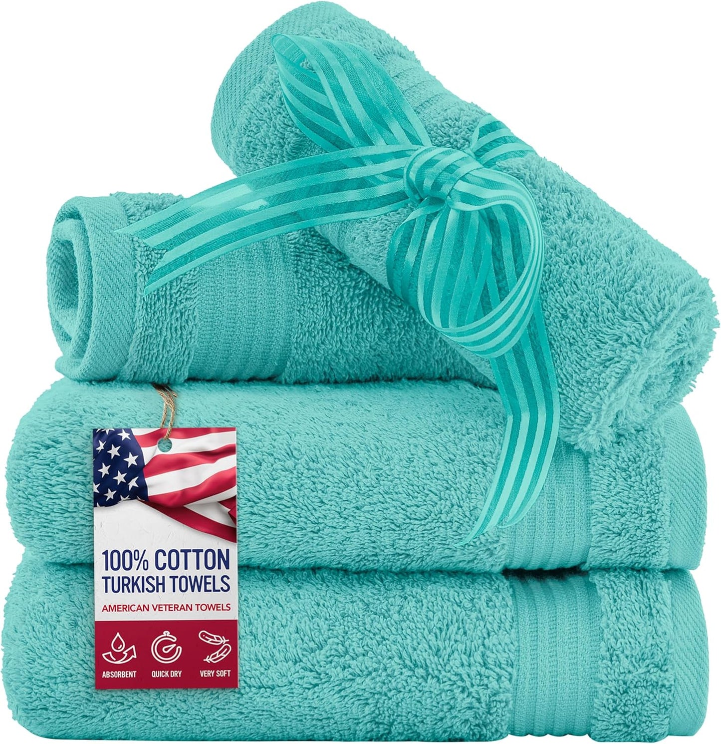 American Veteran Towel, 100% Cotton Turkish Washcloths for Bathroom Essentials 4 Pack, Soft Absorbent Wash Cloths Quick Drying Small Towels Washrags, Turquoise Blue