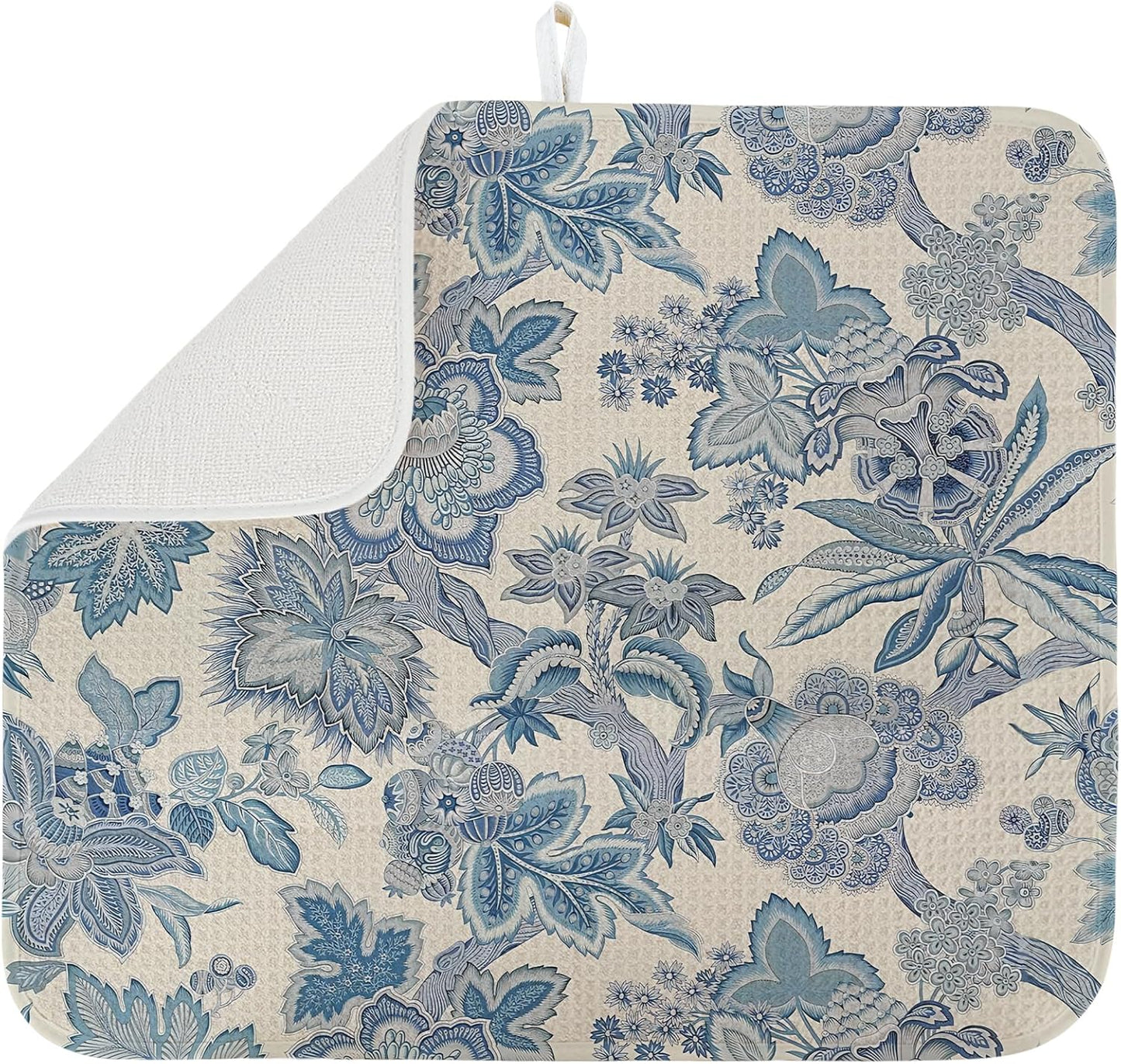 Dish Drying Mat for Kitchen Counter Large 16" x 18" Retro Blue Flower Absorbent Microfiber Dishes Drainer Rack Mats Pad Reusable Washable