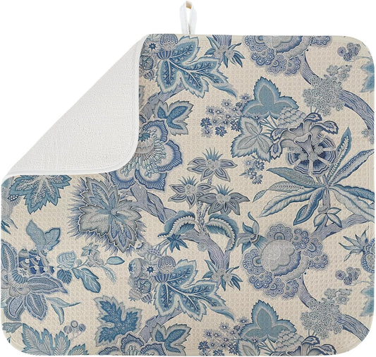 Dish Drying Mat for Kitchen Counter Large 16" x 18" Retro Blue Flower Absorbent Microfiber Dishes Drainer Rack Mats Pad Reusable Washable