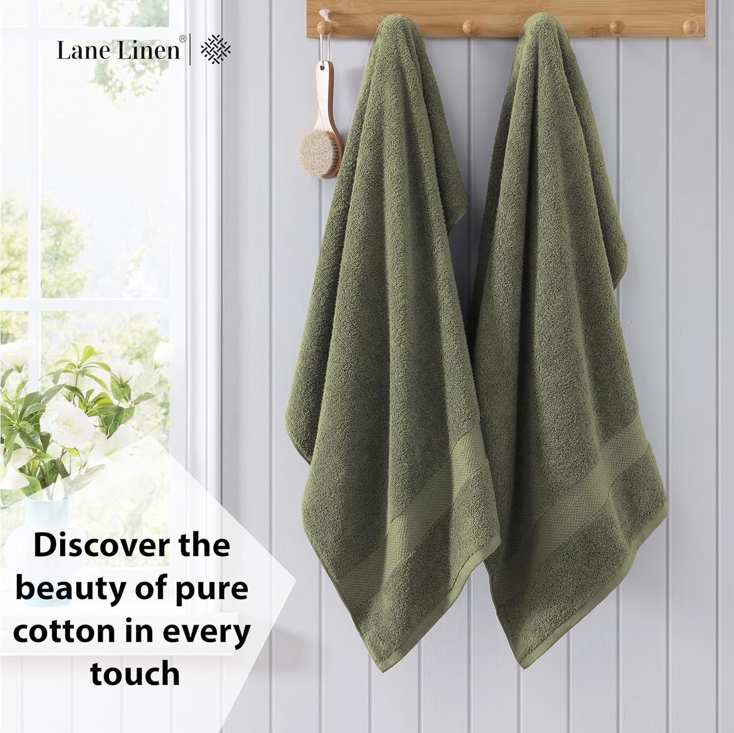 Lane Linen 100% Cotton 4 Pack Bath Towels (28"x54") - Ring Spun Mercerized Cotton Bathroom Towels Set - Quick Dry, Highly Soft & Absorbent Large Bath Towels - Tumble Dry Regains Fluffiness - Oil Green