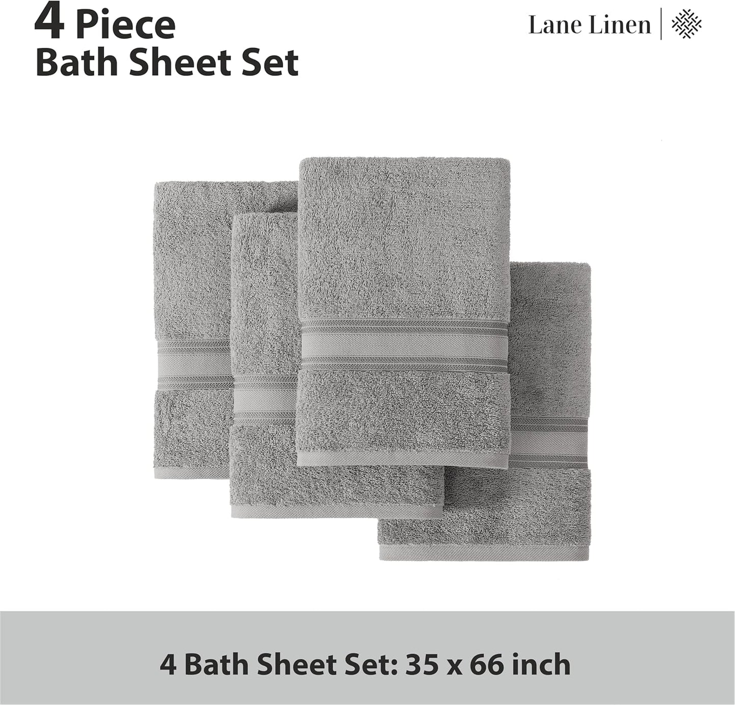 Lane Linen 100% Cotton Bath Sheets Set of 4 (35"x66") - Zero Twist Cotton Extra Large Bath Towels Sets - Quick Dry, Soft & Absorbent Oversized Grey Towels Set - Pre Shrunk, Fade Resistant - Space Grey